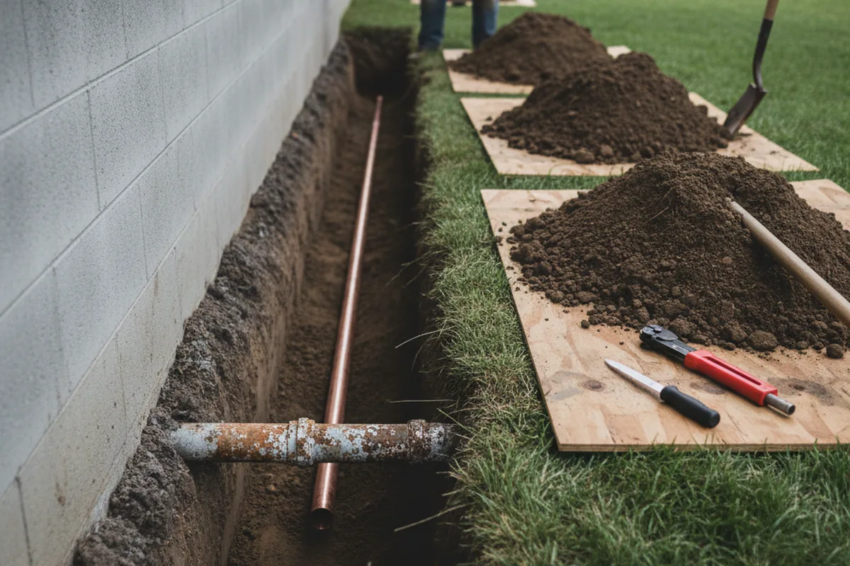 Excavated water line trench during Water Softener Installation in Mohawk